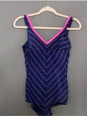 Vintage Robby Len 70s 80s Navy and Pink Striped One Piece Swimsuit Bathing Suit